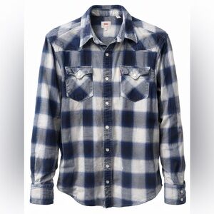 Levi’s Men’s XL Blue Plaid Snap‎ Button Flannel Shirt Grunge Distressed